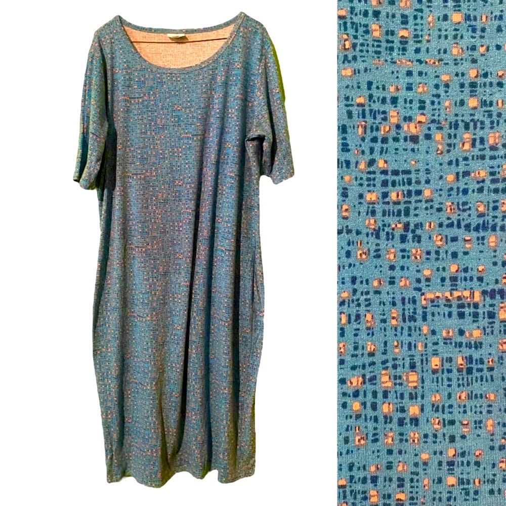 LulaRoe Sky Blue & Peachy Pink Crosshatch Julia Short Sleeve Casual Dress